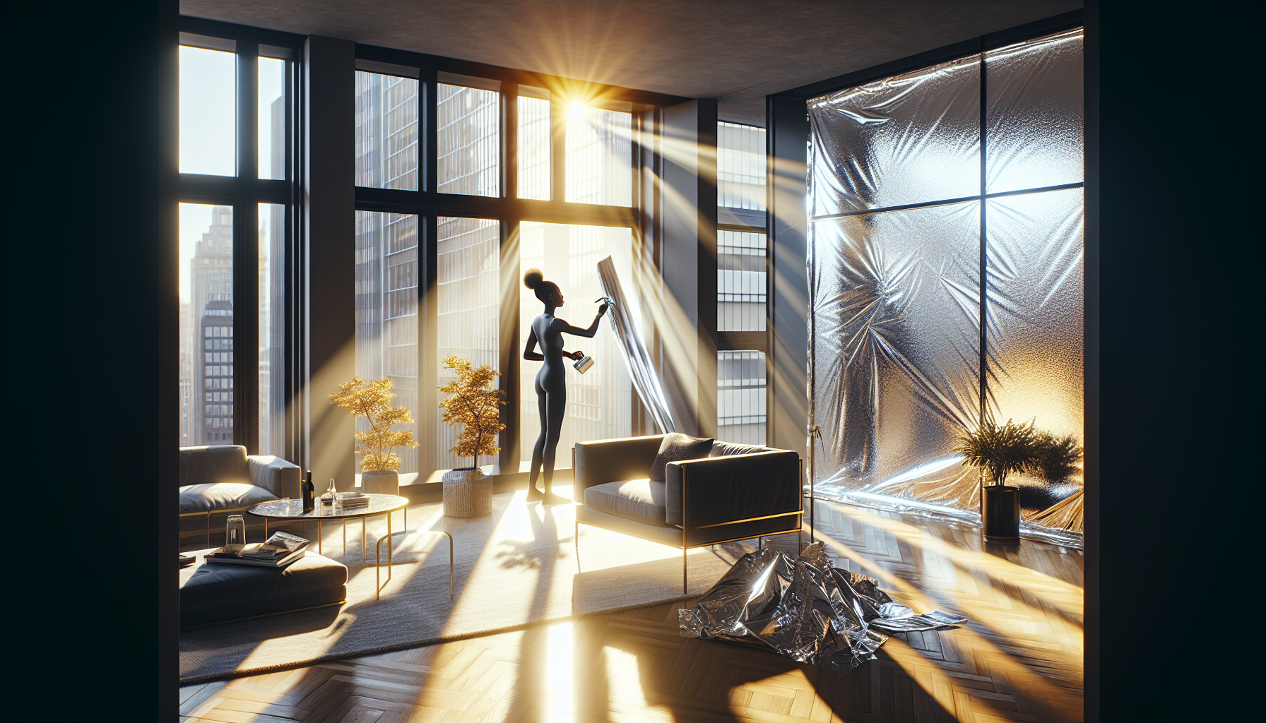 Aluminum foil being applied to a sunny window in a home during summer
