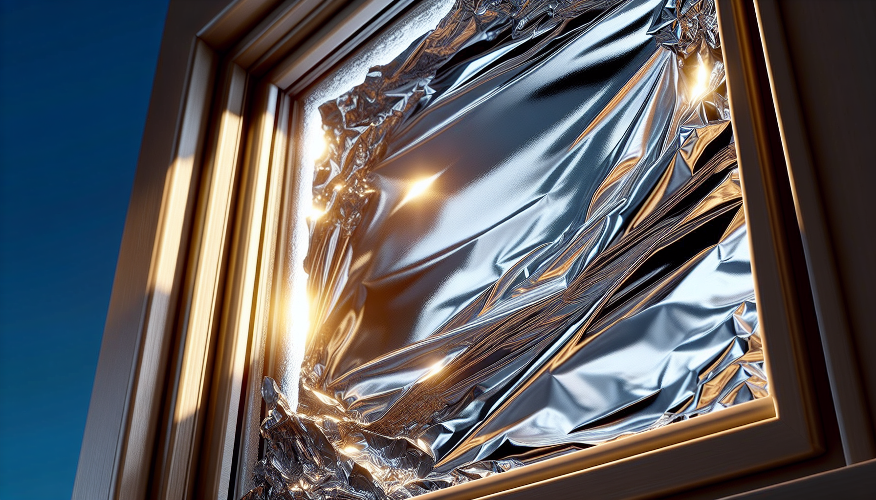 Close-up of aluminum foil pressed against a window with the shiny side out
