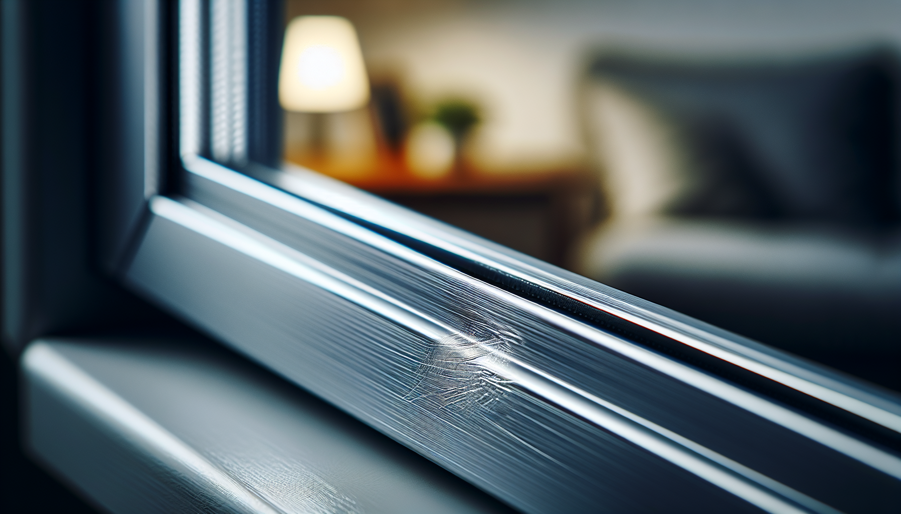 Close-up of aluminum window frame with minor surface scratches