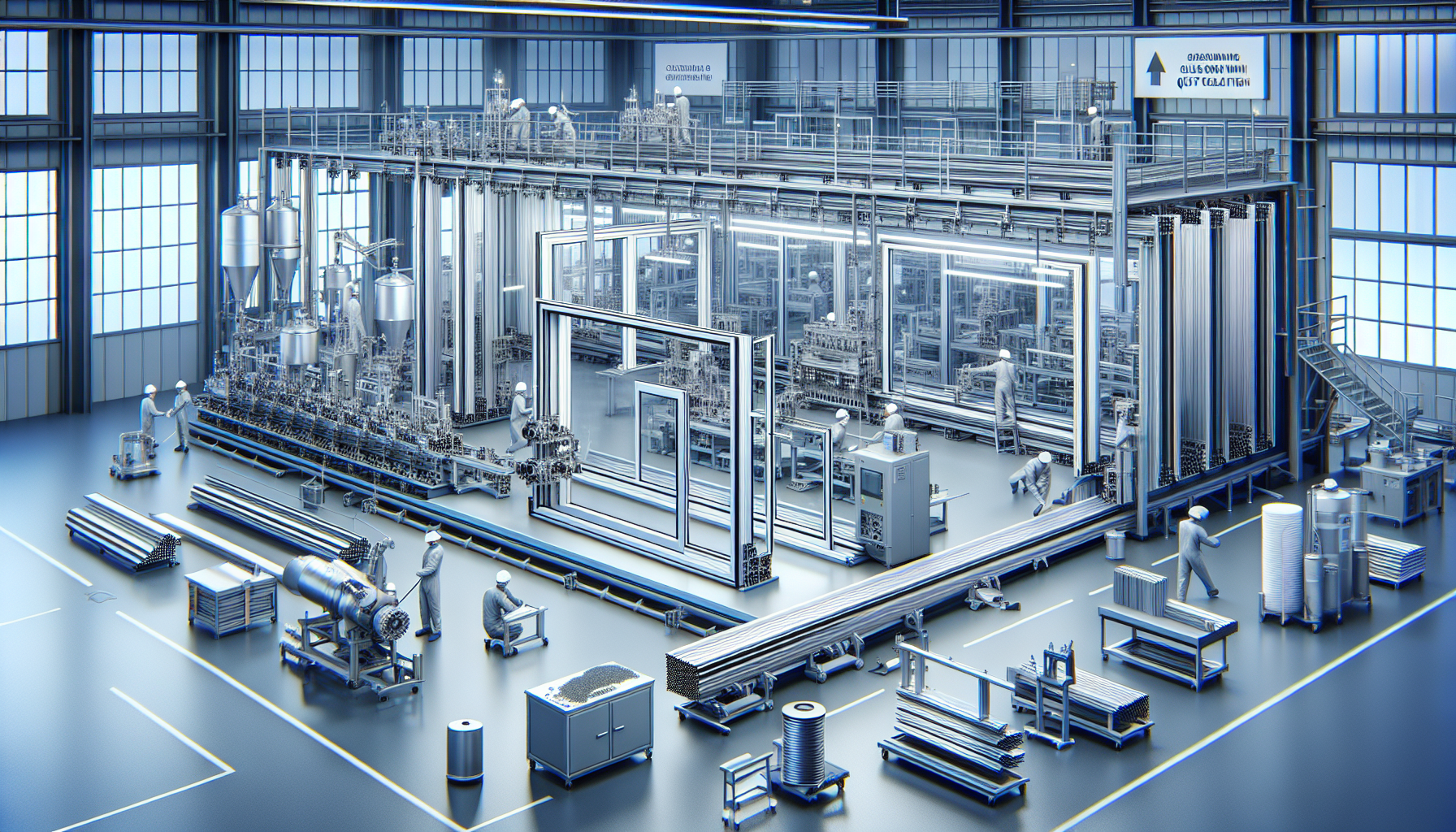 An aluminum window production line showing extrusion, surface treatment, assembly, and glazing steps
