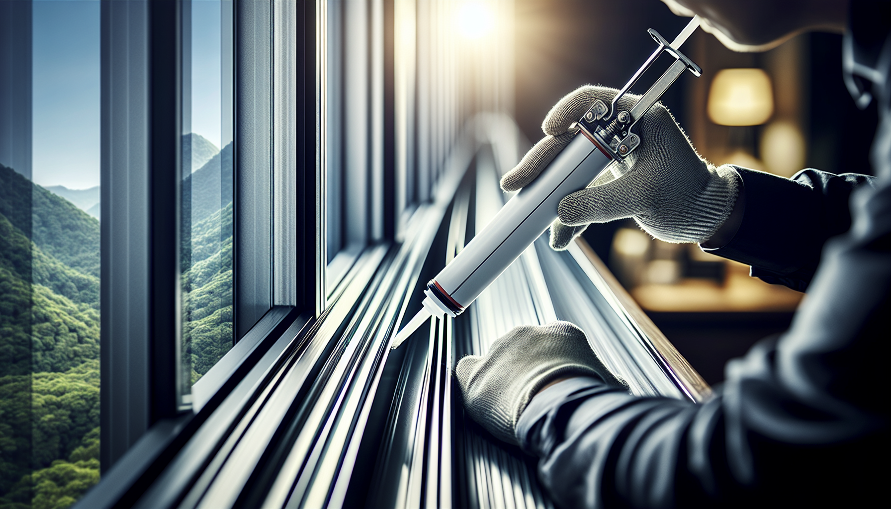 A person applying sealant to an aluminum window frame