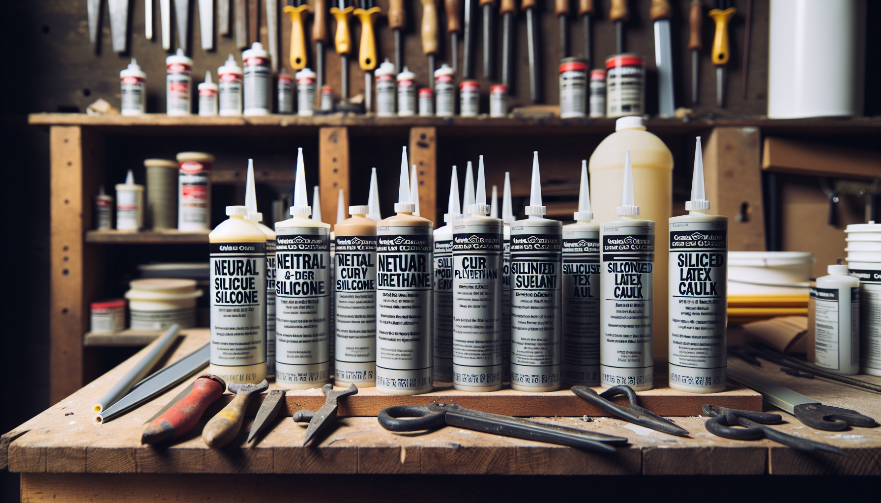 Assortment of window sealants and caulk tubes on a workbench