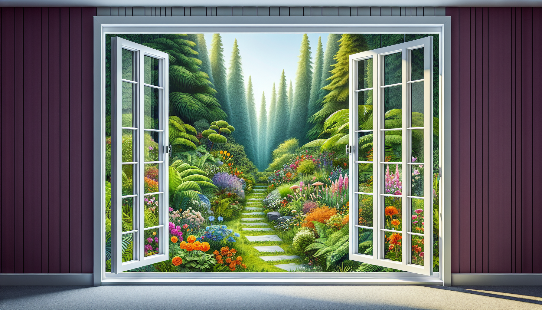 Casement window open towards garden showing space requirement