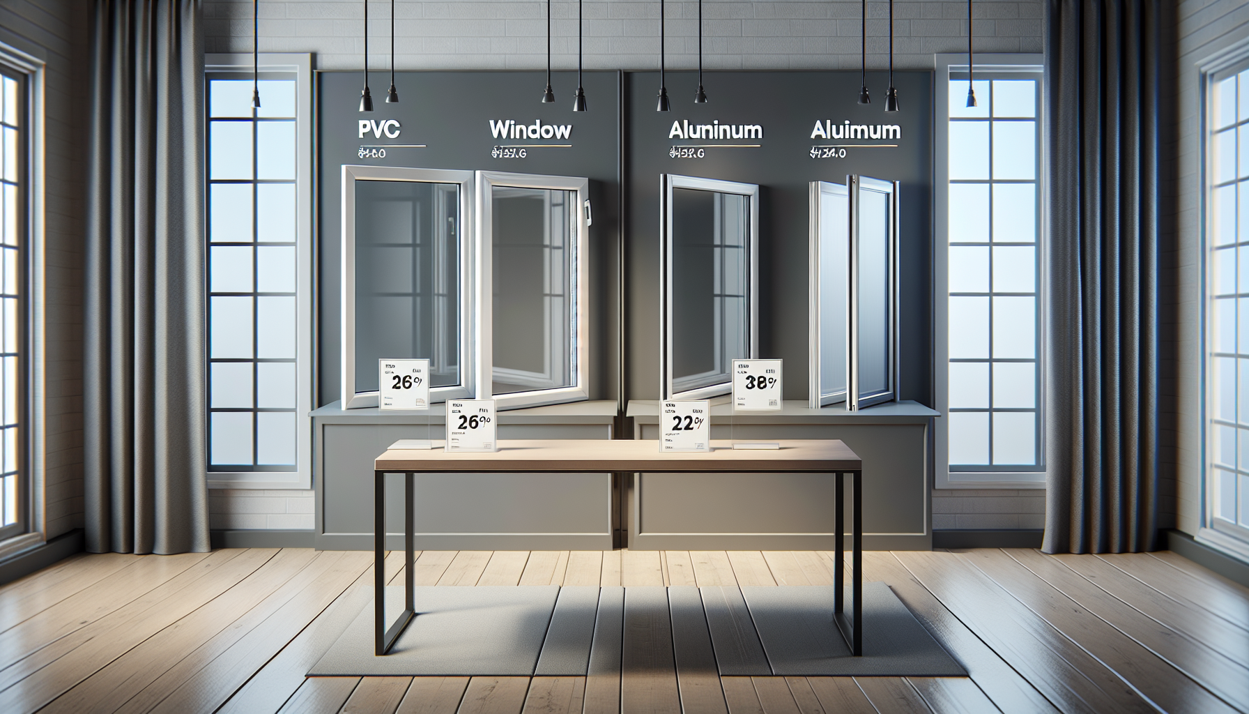 Image showing two price tags: one on a PVC window, one on an aluminum window, clearly indicating the price difference