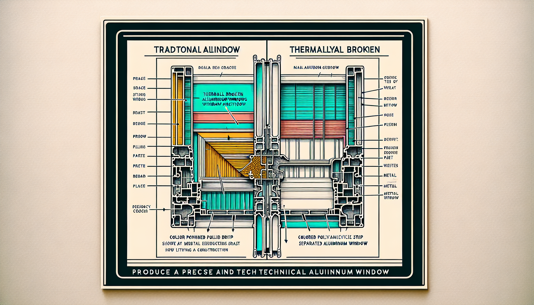 Visual comparison of traditional aluminum window cross-section and thermally broken aluminum window with highlighted insulator strip