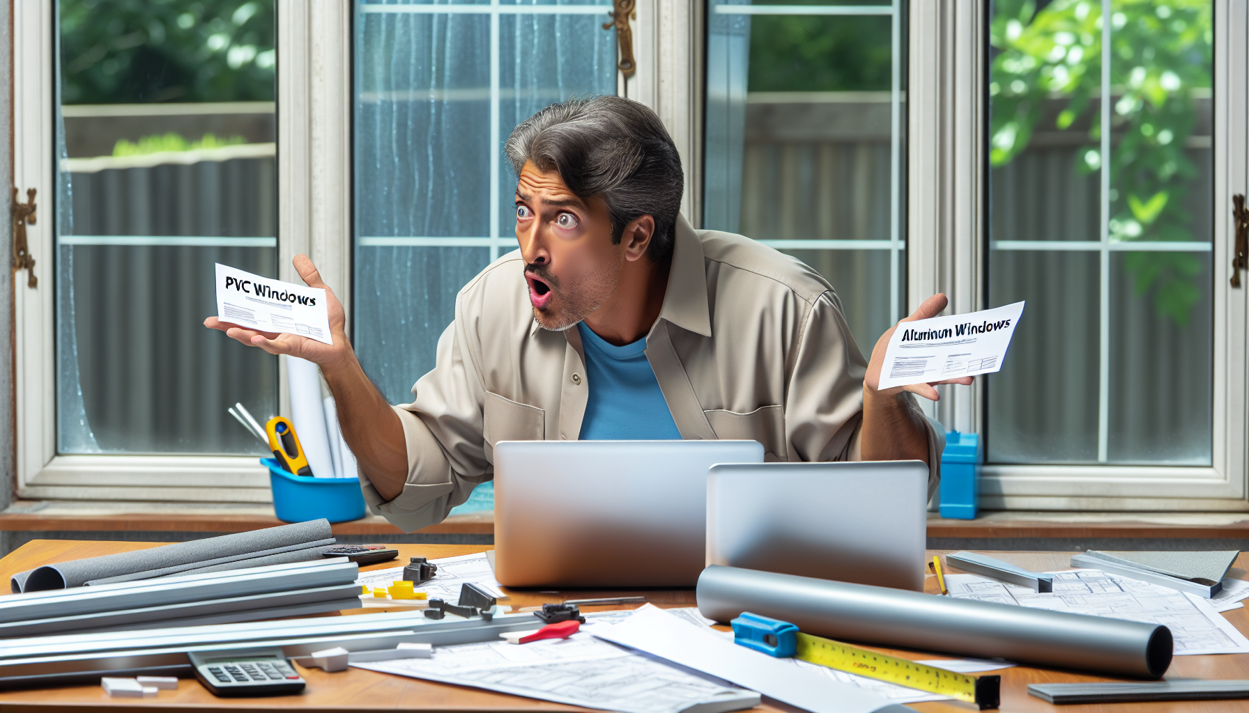 Image illustrating a contractor comparing quotes for aluminum and PVC windows, looking surprised at the difference
