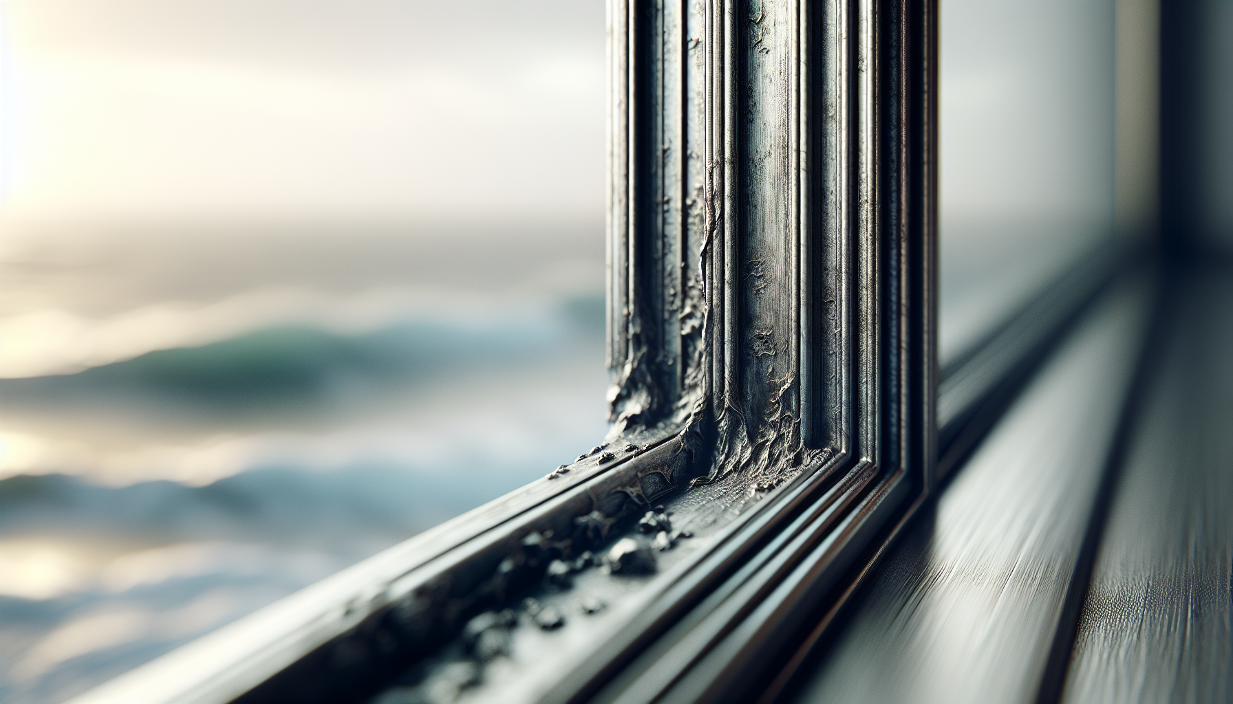 Corroded aluminum window frame showing damage
