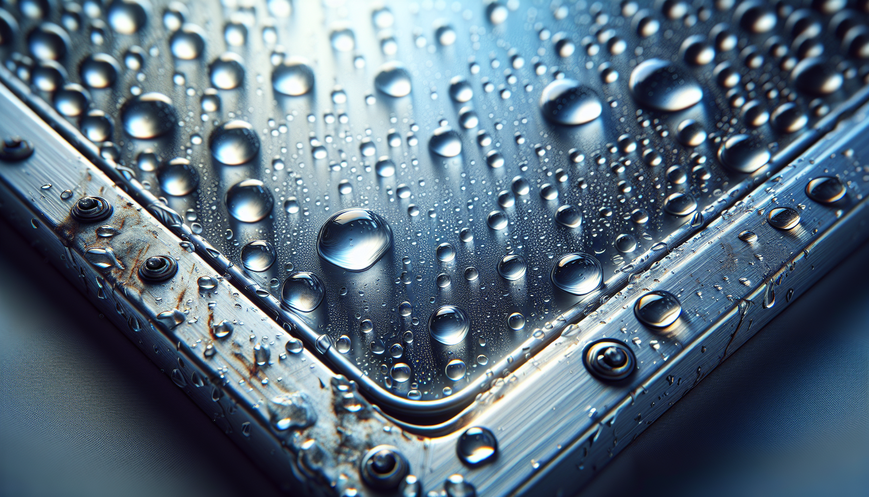 Close-up of a corroded aluminum window frame with condensation and rust, hinting at maintenance challenges