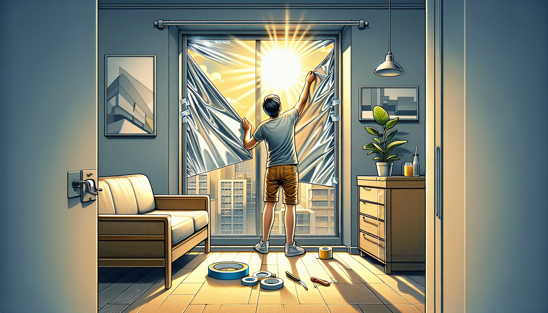 A person affixing aluminum foil to a sunny window in a modest urban apartment