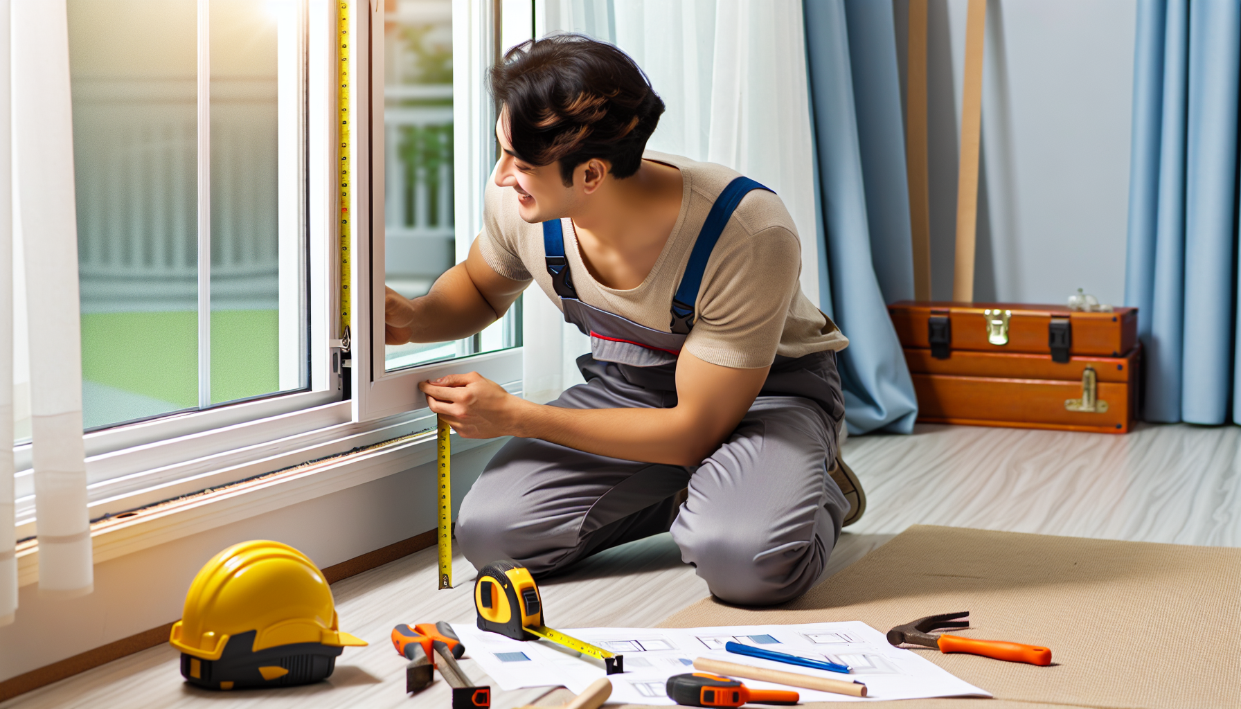 Homeowner measuring and installing new window