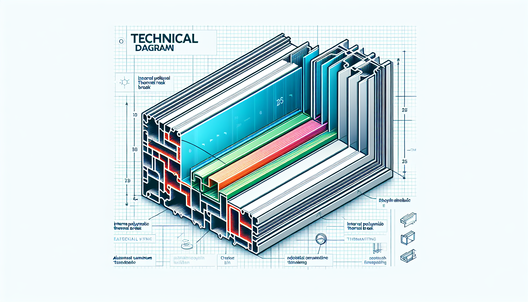 Cross-section diagram showing the polyamide barrier (thermal break) inside an aluminum window frame, clearly highlighted
