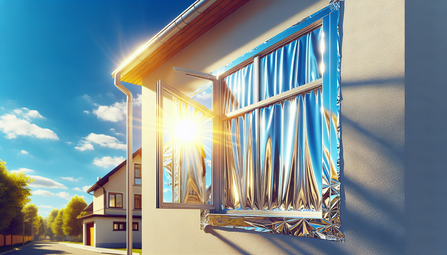 Shiny side of aluminum foil covering a residential window from the outside