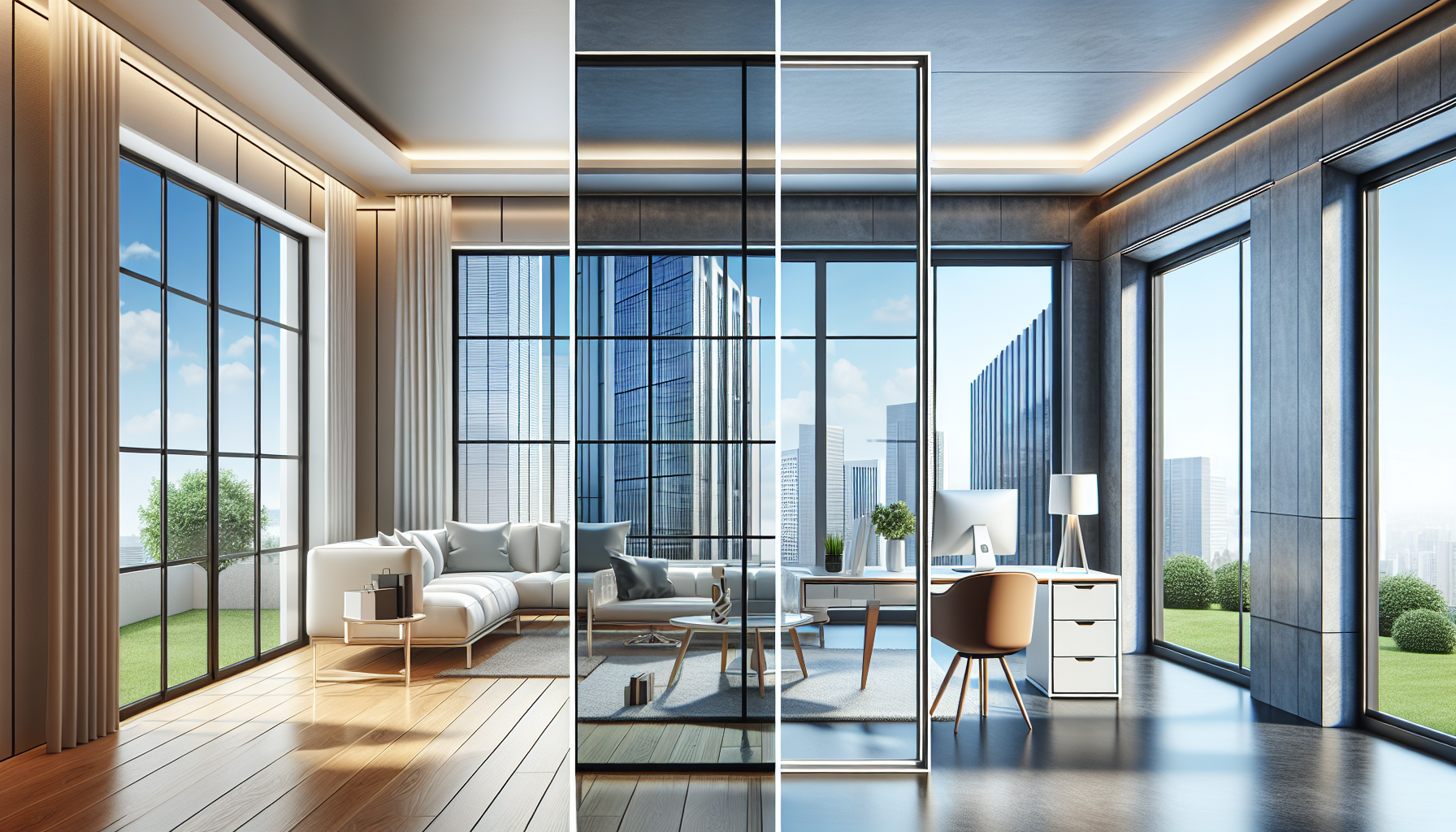 Image comparing a modern PVC window and a modern aluminum window, side by side, set in stylish contemporary interiors