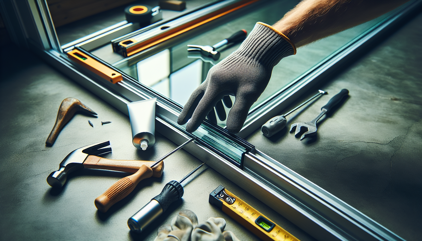 A gloved hand fitting new glass into an aluminum window frame
