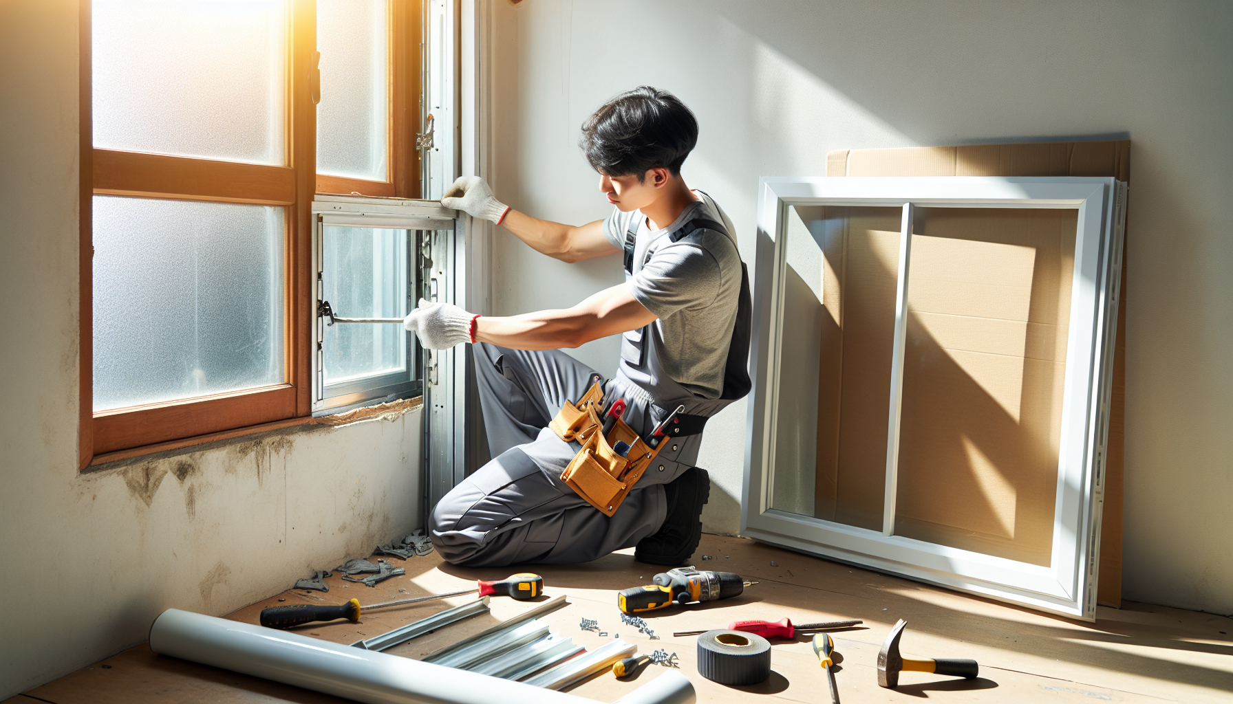 Technician removing an old aluminum window and installing a new, energy-efficient vinyl window in a sunlit home