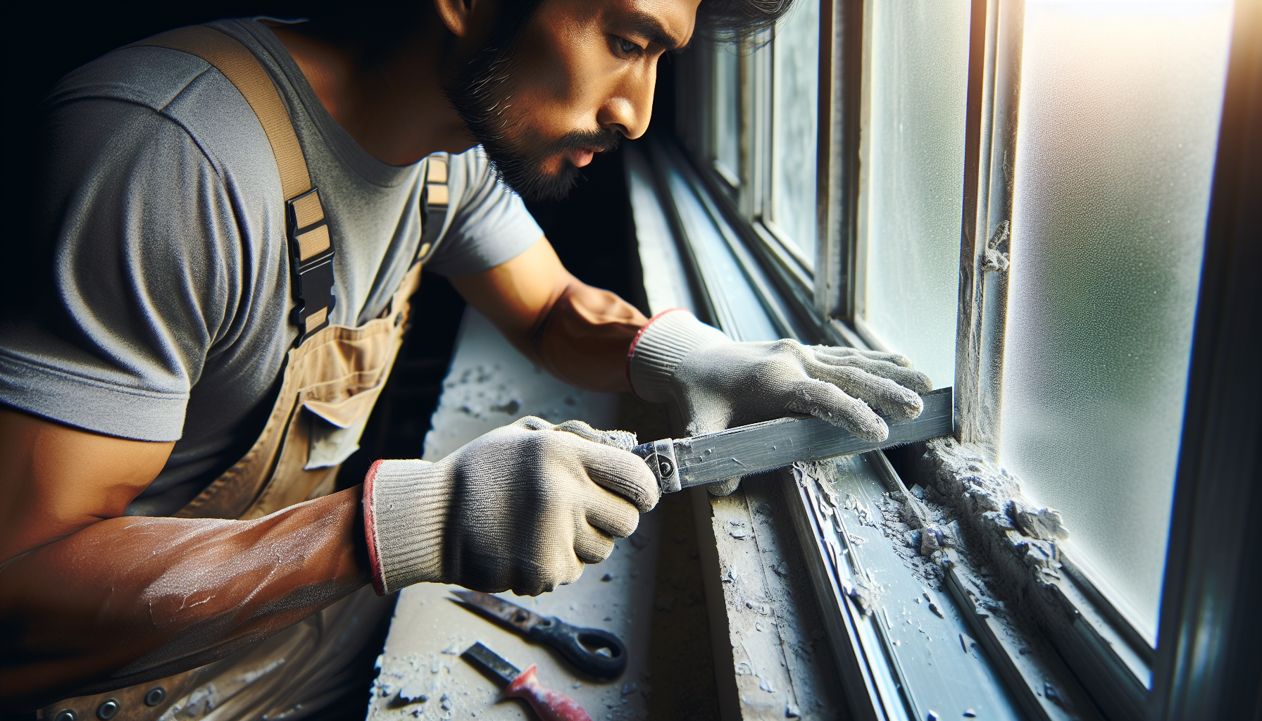 Contractor resealing an old aluminum window frame