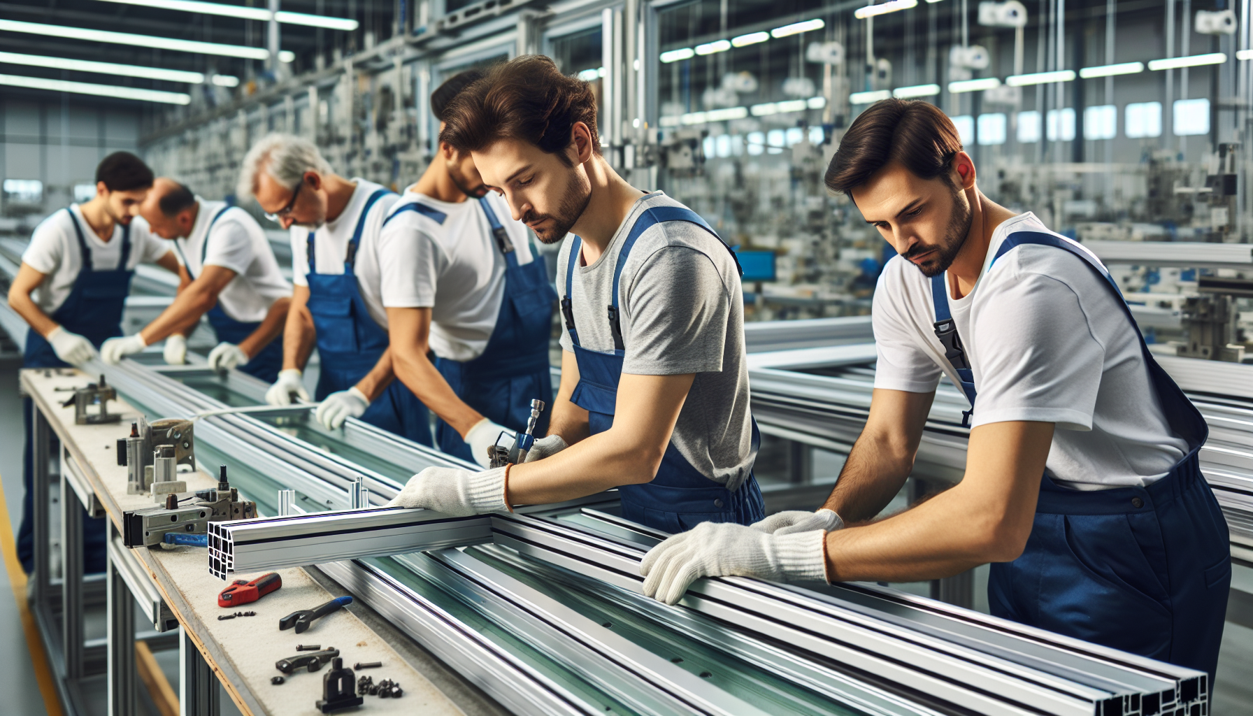 Close-up of technicians assembling and inspecting aluminum window frames in a factory setting