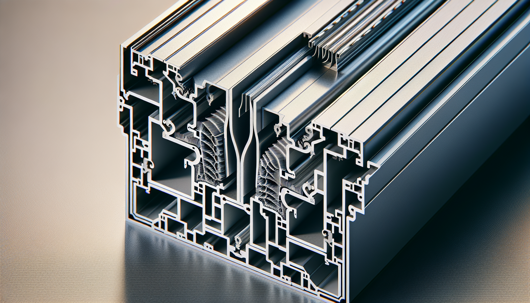 Close-up of a modern thermally broken aluminum window frame showing the insulating polyamide strip between outer and inner frames