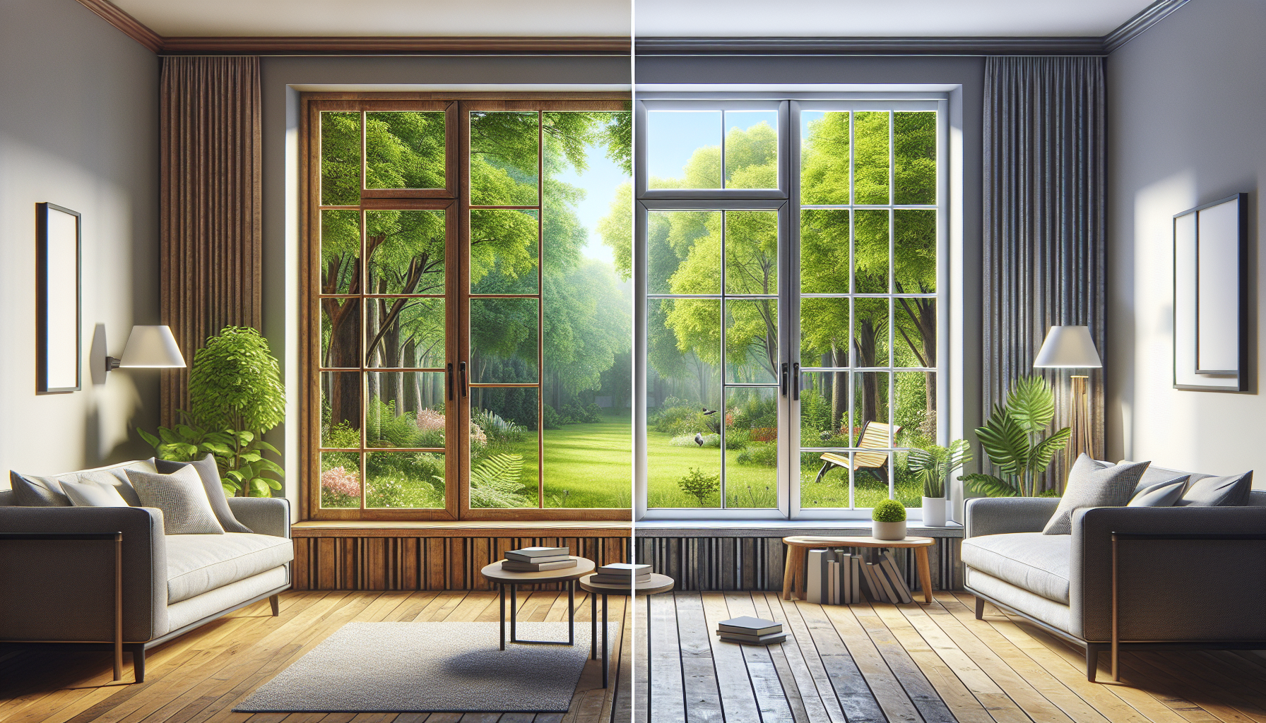 Side-by-side comparison of sleek modern vinyl and aluminum windows in the same house, highlighting their visual and practical differences