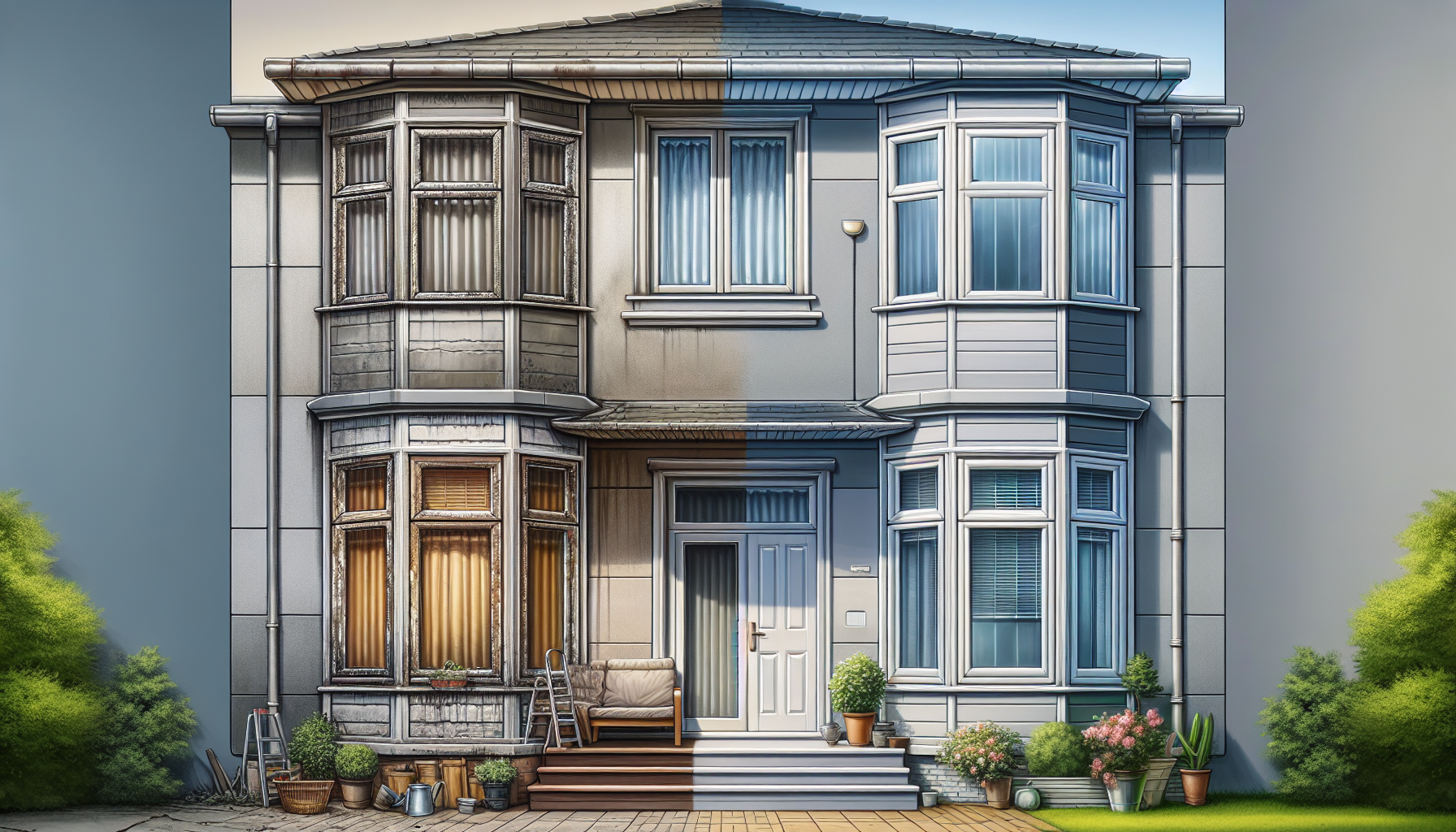 Aging vs. new aluminum window comparison on a home facade