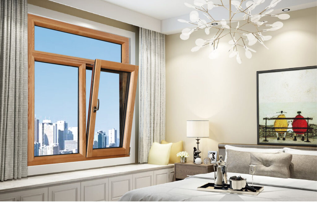 Premium aluminum-clad wood windows with modern, energy-efficient design for buildings.