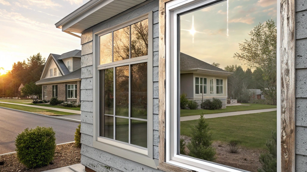 Modern house window reflecting a serene neighborhood sunset.