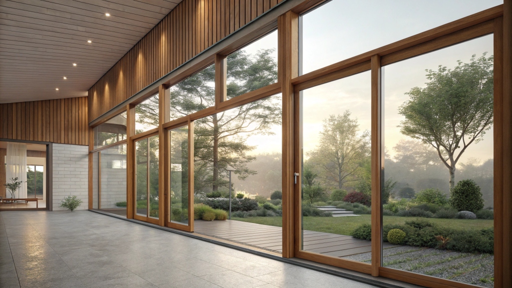 Modern house window reflecting a serene neighborhood sunset.