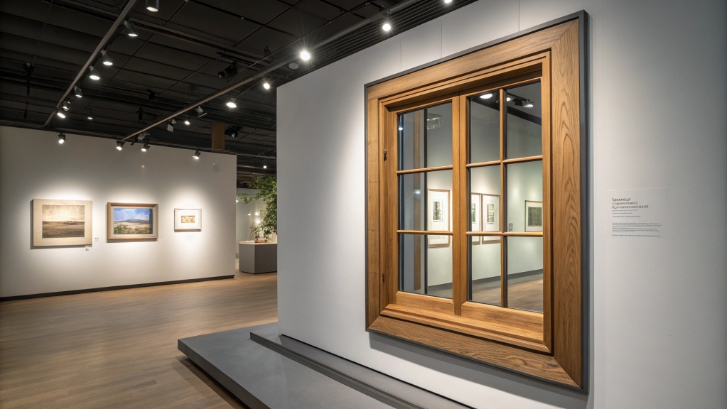 Aluminum-clad wood window displayed in a modern gallery setting