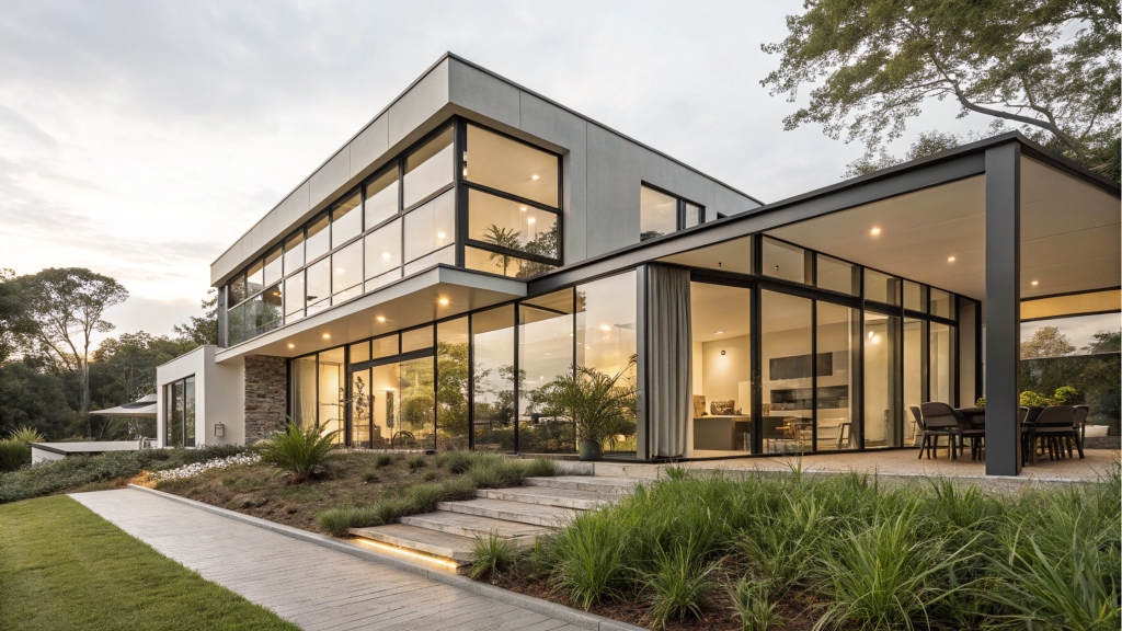 Contemporary house with large glass windows and lush garden.