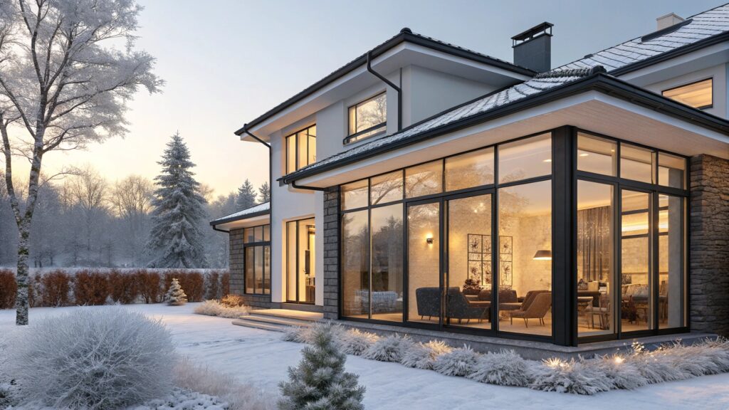 Modern house with snow-covered landscape and warm interior lighting.