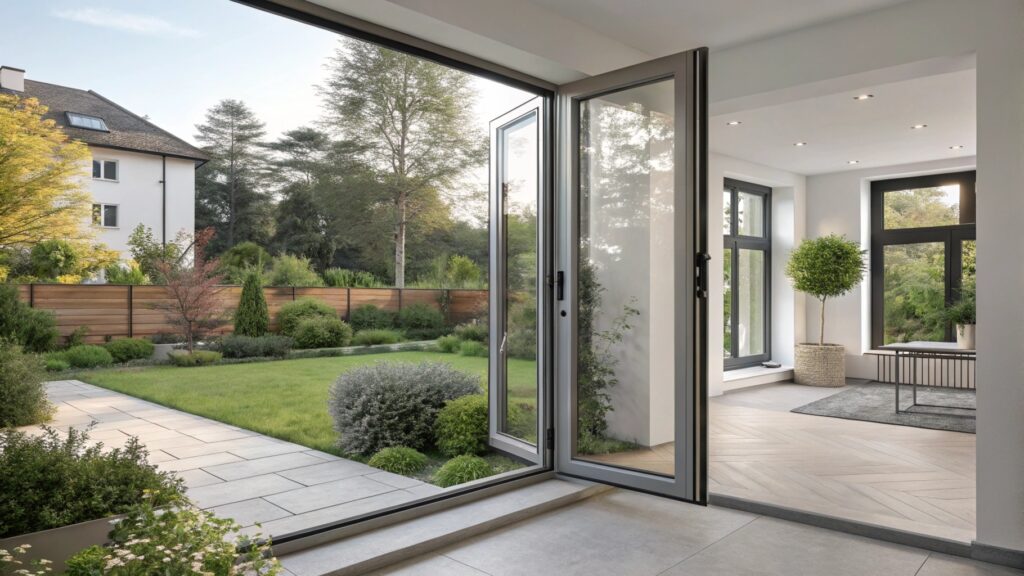 Open aluminum patio door leading to landscaped garden.