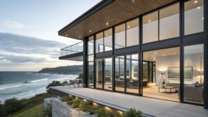 Modern beach house with expansive glass windows overlooking the ocean at dusk.