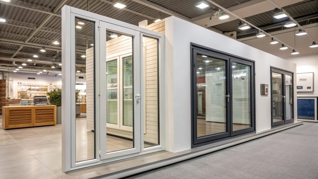 A showroom display featuring modern white and black aluminum doors and windows, showcasing their sleek design and versatility