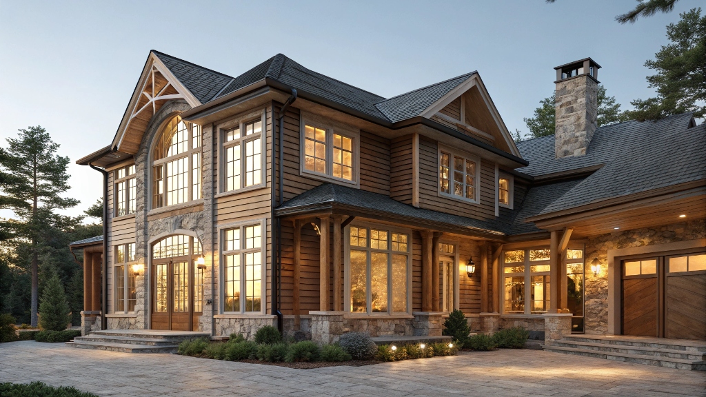 A luxurious two-story house featuring large wooden and glass windows, framed by stone and wooden walls, illuminated warmly during sunset.