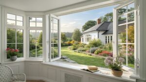 A picturesque garden view framed by large, open white windows with an elegant design.