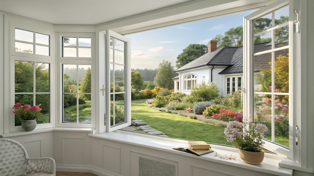 A picturesque garden view framed by large, open white windows with an elegant design.