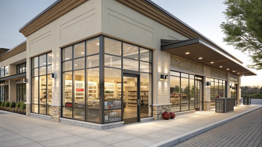 Contemporary storefront with large glass windows and sleek architectural design.