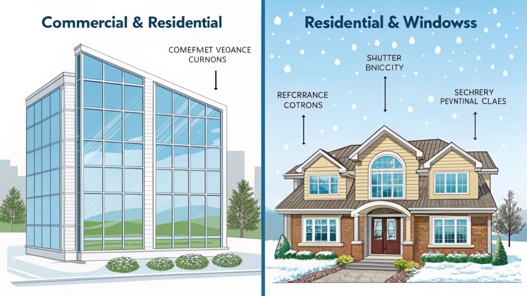  Comparison of commercial glass building and residential home with window features.