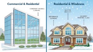 Comparison of commercial glass building and residential home with window features.