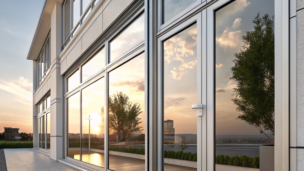 Modern building exterior with large glass windows reflecting a sunset view.