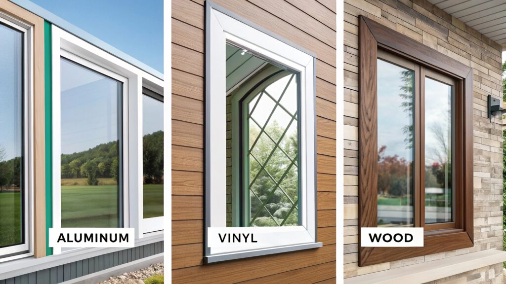 Comparison of aluminum, vinyl, and wood window frame styles with distinct designs.