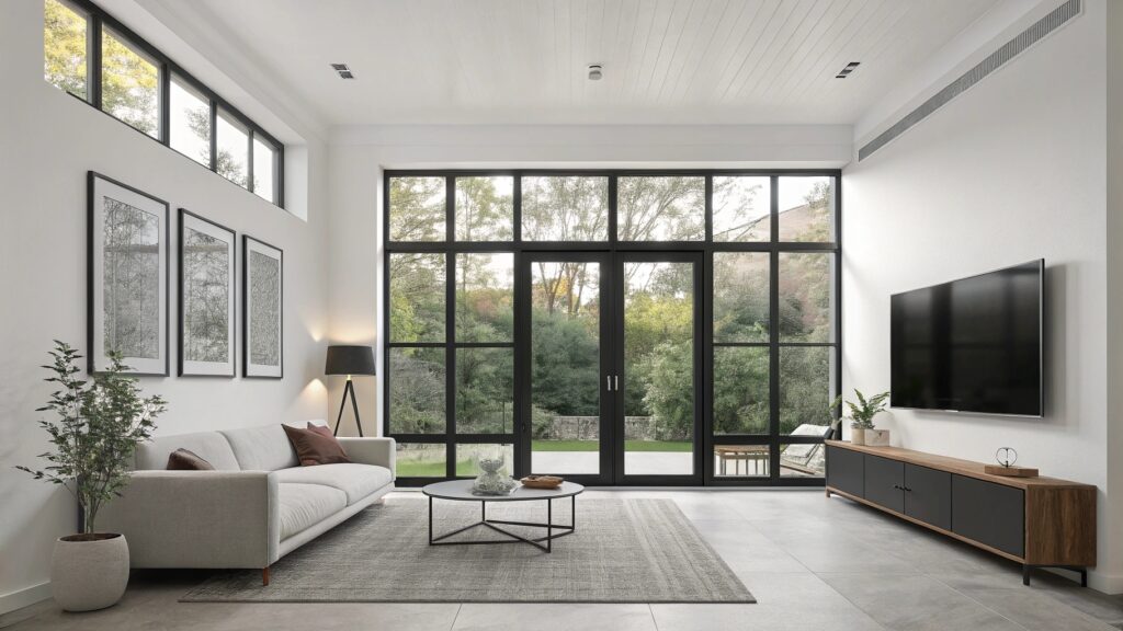 Modern living room with large black-framed windows overlooking greenery.