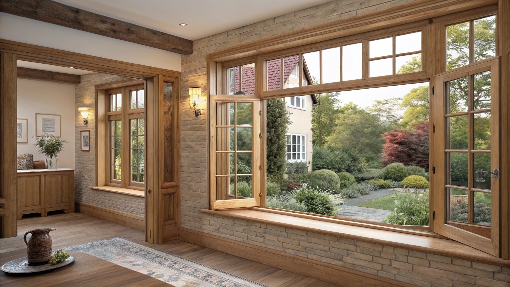 Traditional interior with wooden-framed windows overlooking a landscaped garden.