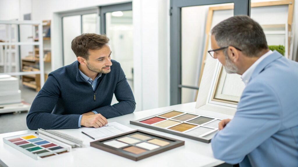 wo professionals discussing window frame design options at a desk.