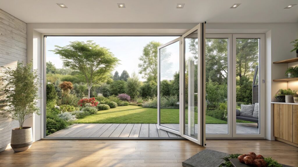 Bright living room with open glass doors leading to a lush garden.