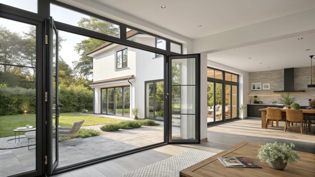 Modern home interior featuring large foldable glass doors to the patio.