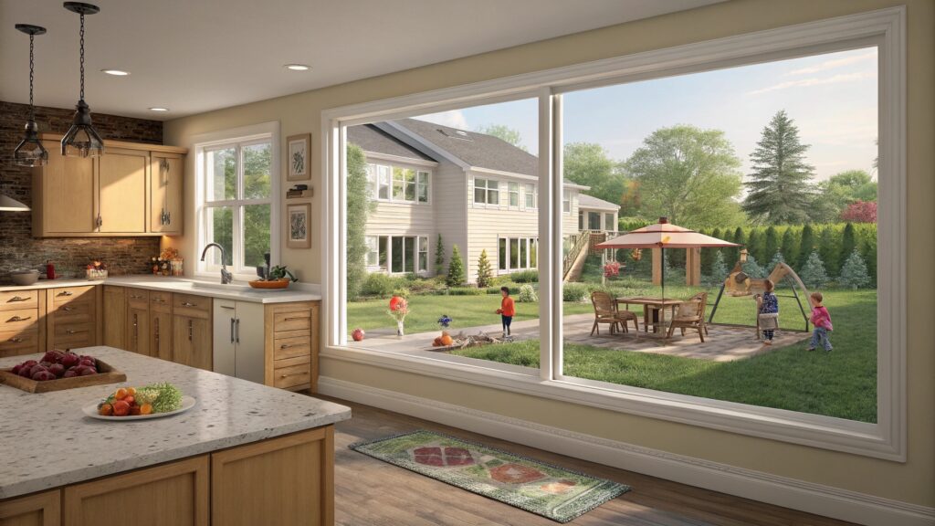 Kitchen view with wide windows opening to a backyard and play area.