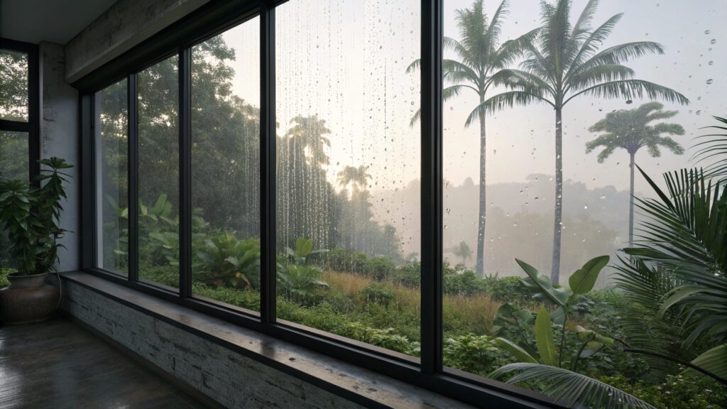 Snow-covered landscape viewed from a warm house with large windows.