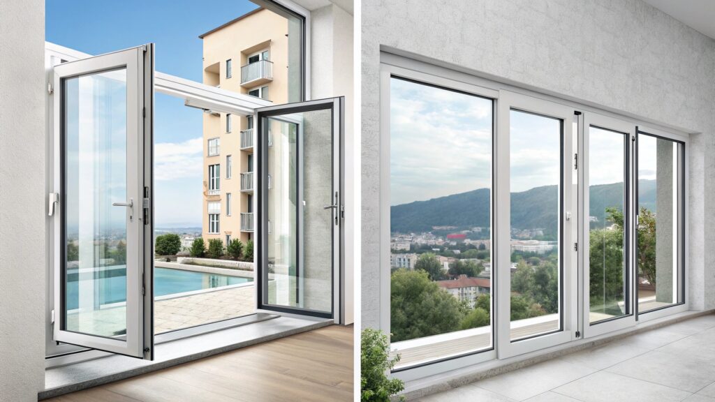 Balcony doors with modern white frames opening to scenic outdoor views.