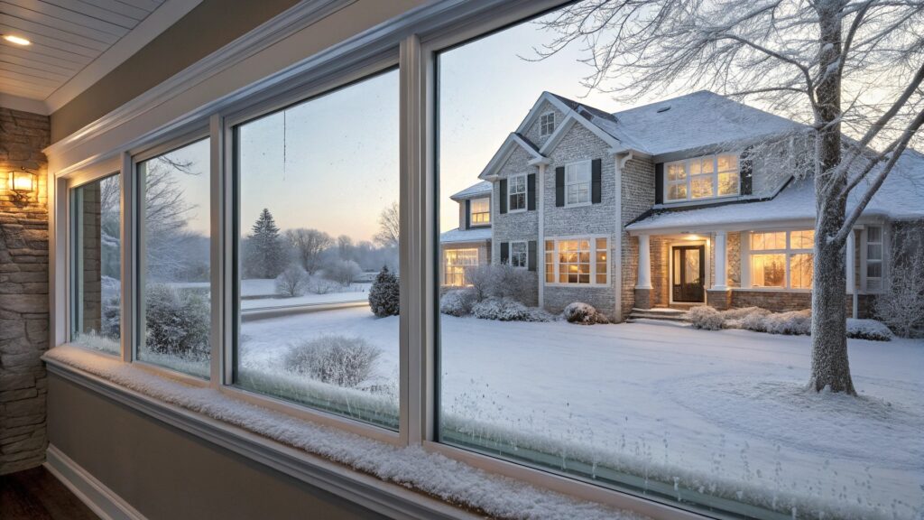 Rain-covered glass windows overlooking lush tropical greenery.